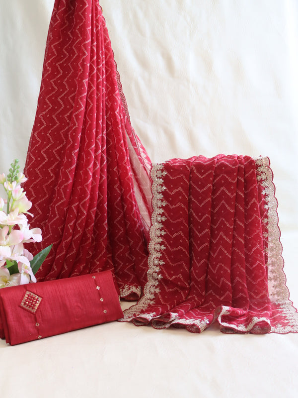 Banarasee Chiffon Bandhani Print Saree With Hand Work-Maroon