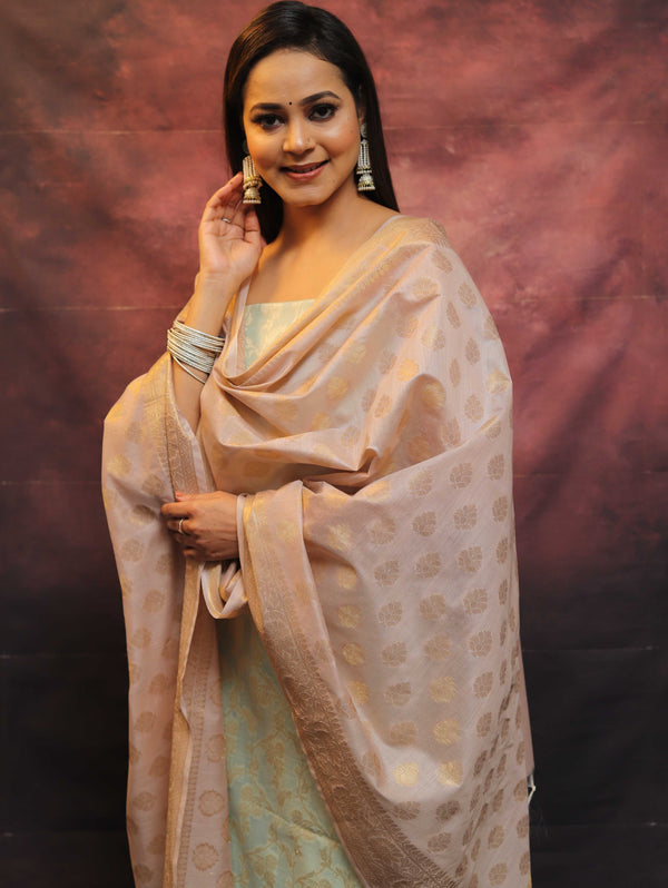 Banarasee Chanderi Cotton Salwar Kameez Set With Zari Work-Blue & Pink