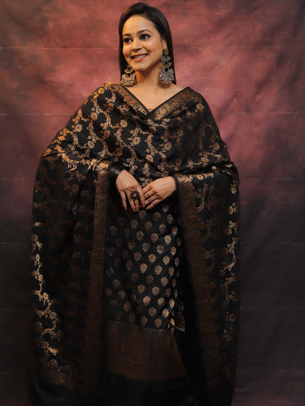 Banarasee Salwar Kameez Semi Katan Silk Fabric With Zari Work-Black