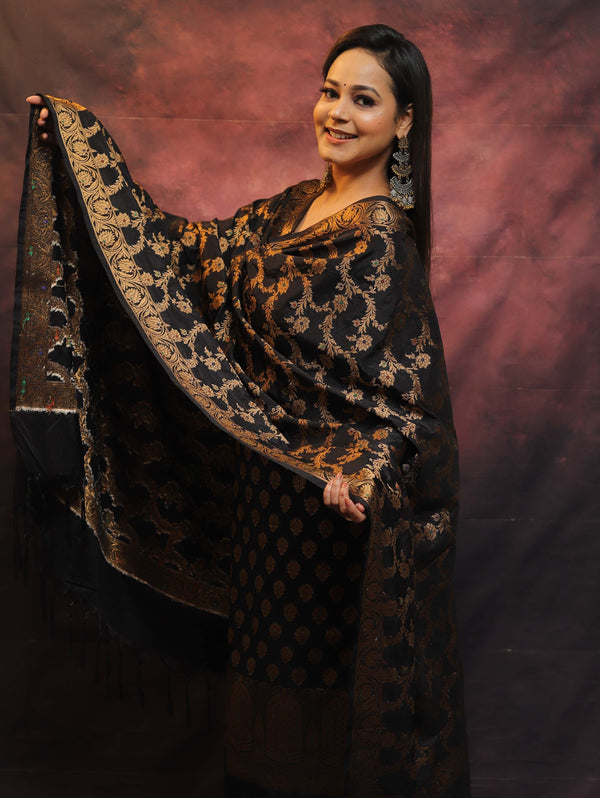 Banarasee Salwar Kameez Semi Katan Silk Fabric With Zari Work-Black