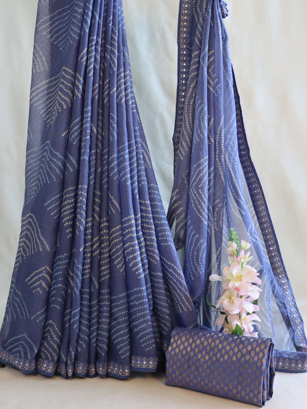 Banarasee Chiffon Bandhani Print Saree With Hand Work-Lilac