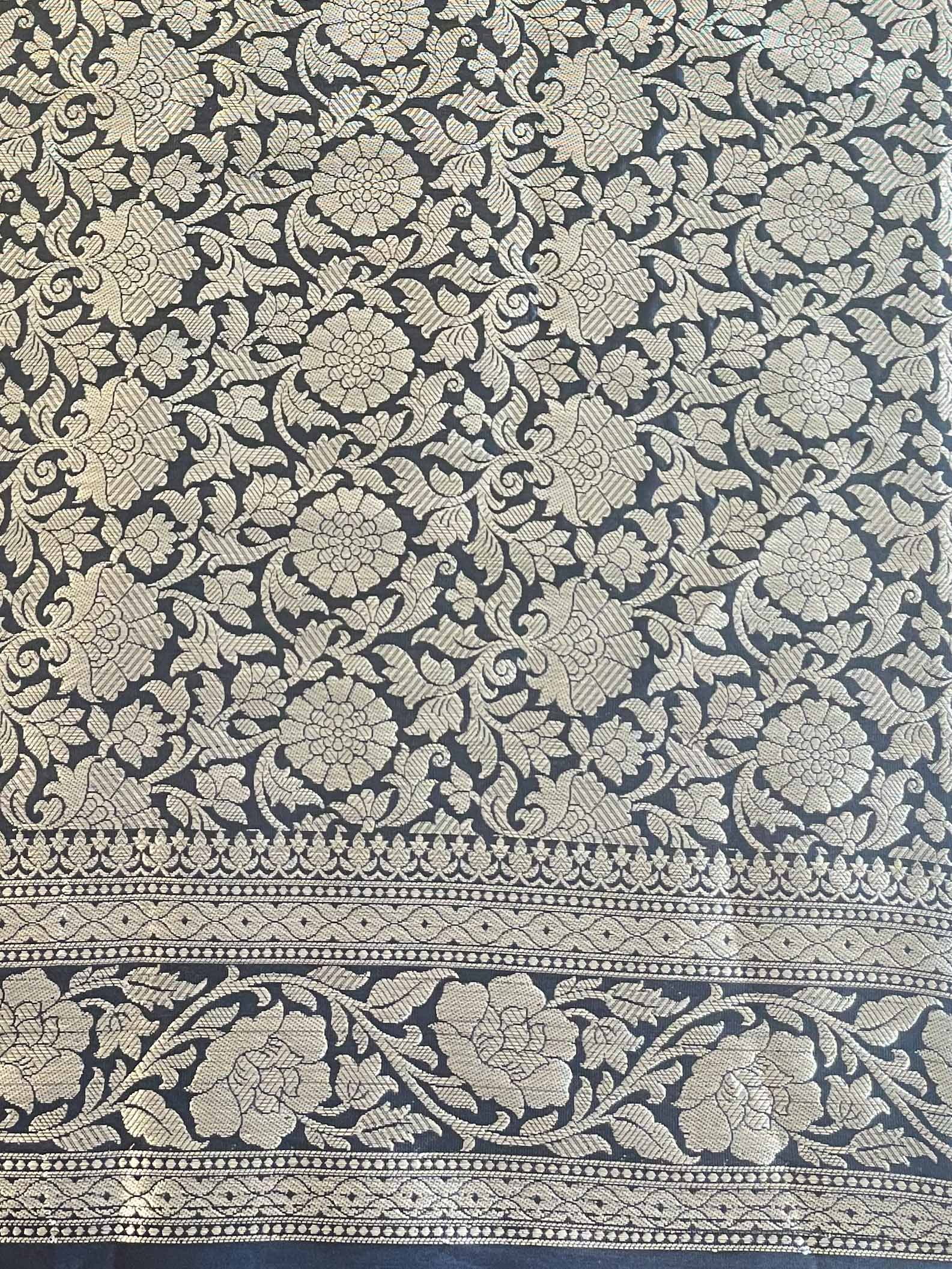 Banarasee Handwoven Semi Silk Saree With Silver Zari Border-Black