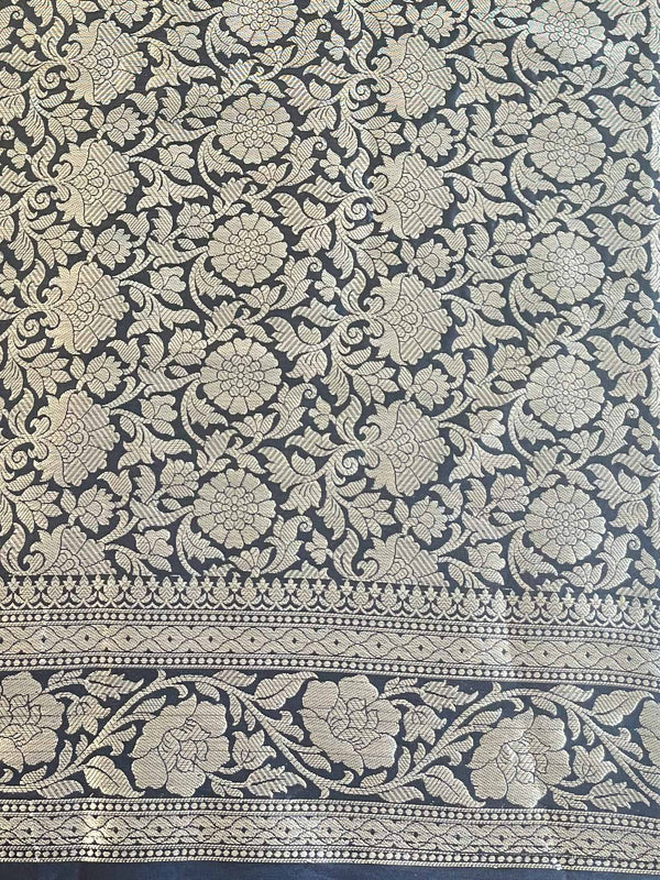 Banarasee Handwoven Semi Silk Saree With Silver Zari Border-Black