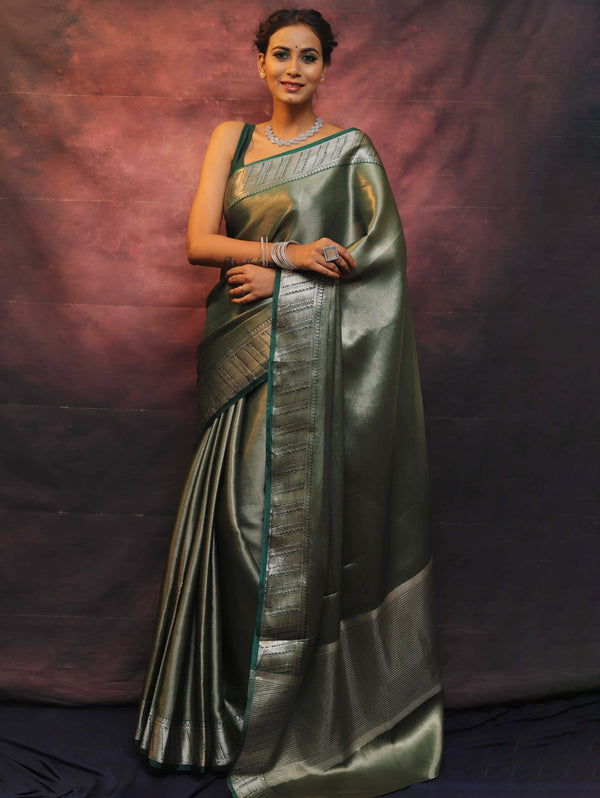 Banarasee Handwoven Tissue Silver Zari Saree-Green