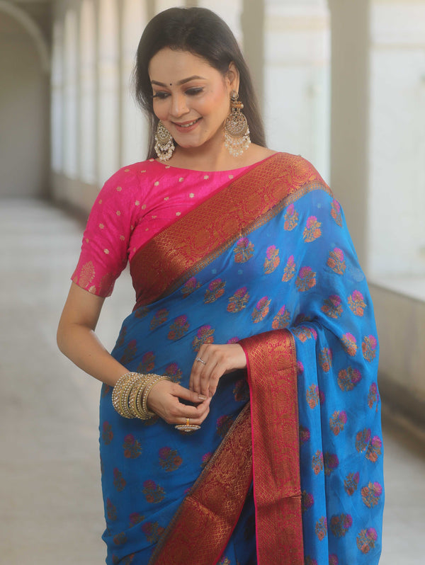 Banarasee Pure Chiffon Silk Saree With Antique & Resham Zari Work-Blue & Pink