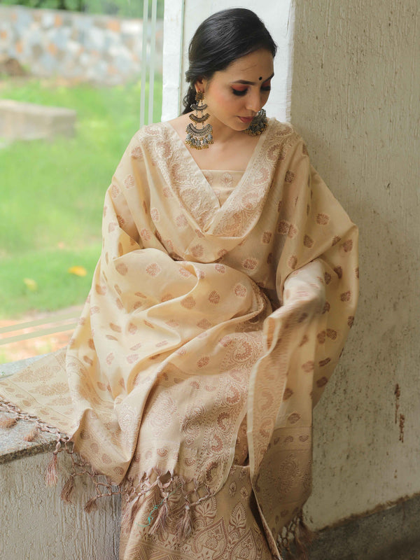 Banarasee Salwar Kameez Cotton Silk Resham Buti Woven Fabric-Beige