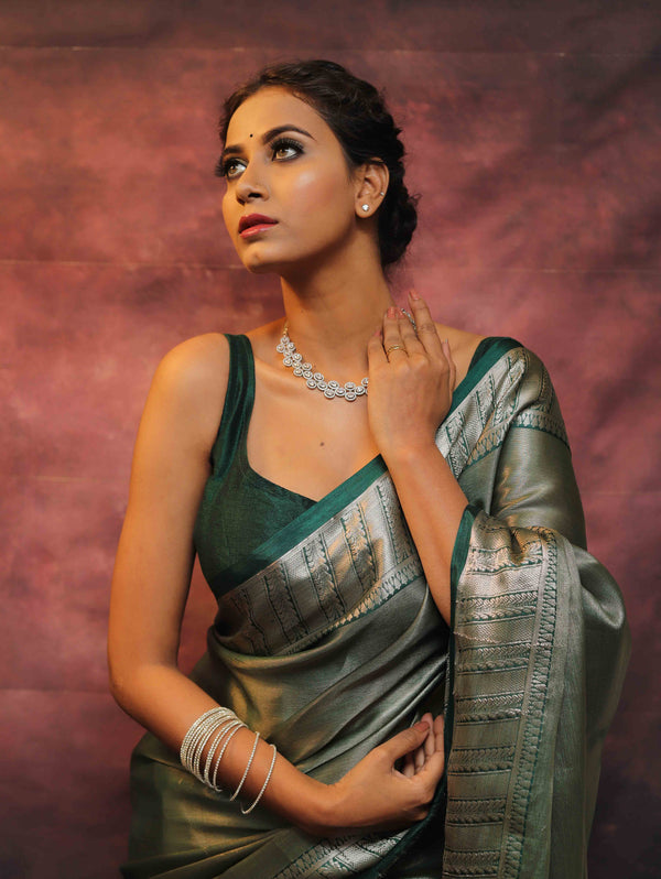 Banarasee Handwoven Tissue Silver Zari Saree-Green