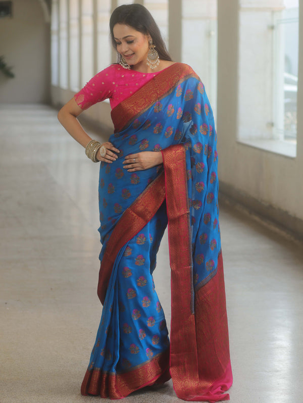 Banarasee Pure Chiffon Silk Saree With Antique & Resham Zari Work-Blue & Pink