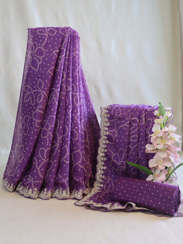 Banarasee Chiffon Bandhani Print Saree With Hand Work-Lavender