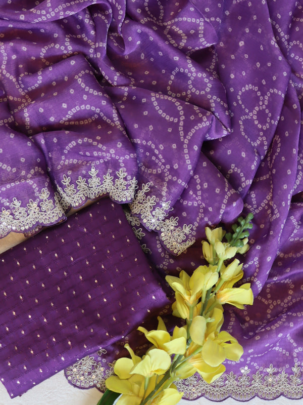 Banarasee Chiffon Bandhani Print Saree With Hand Work-Lavender