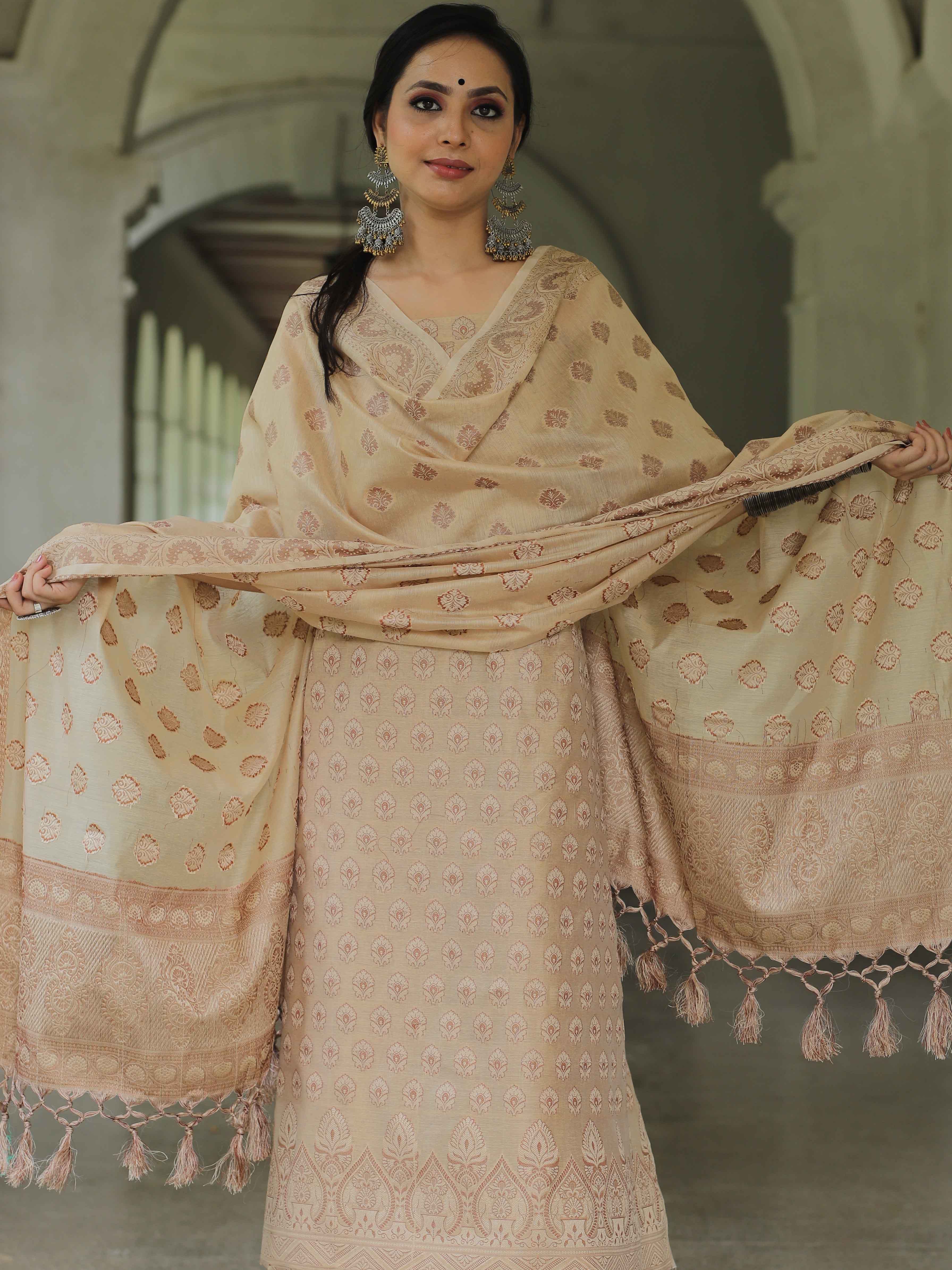 Banarasee Salwar Kameez Cotton Silk Resham Buti Woven Fabric-Beige