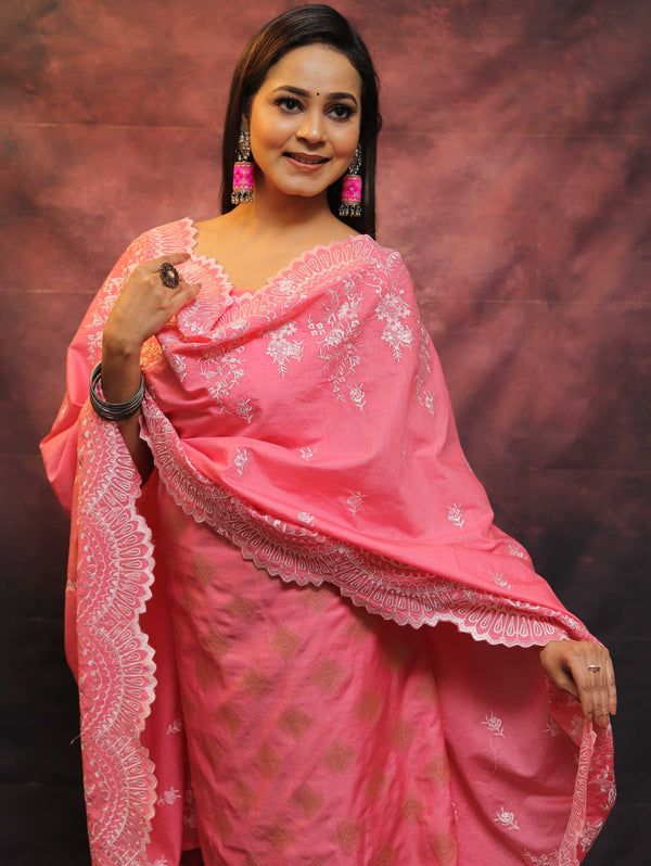 Banarasee Chanderi Cotton Salwar Kameez With Dupatta Set-Pink