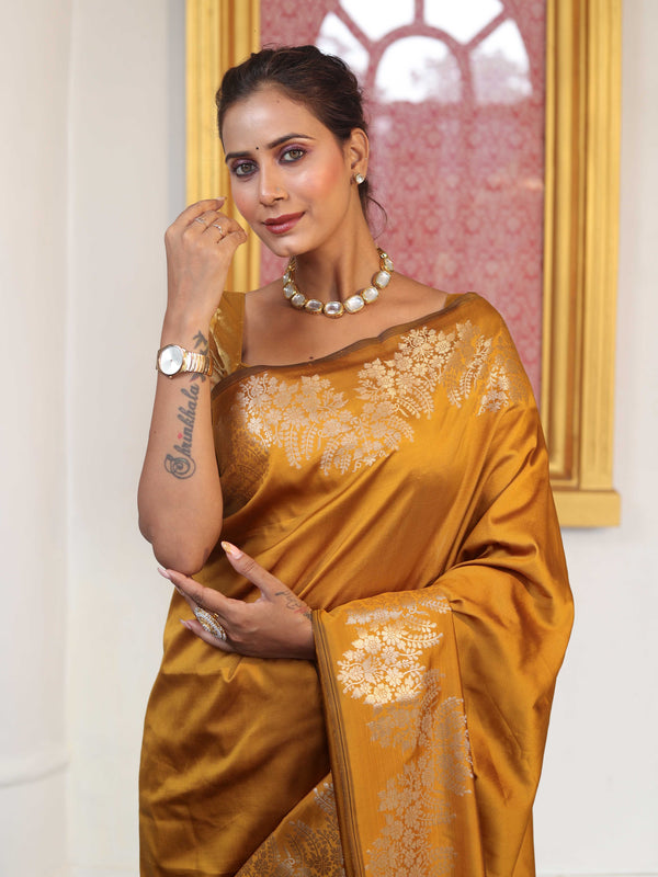 Banarasee Handwoven Semi Silk Saree With Zari Border-Mustard Yellow