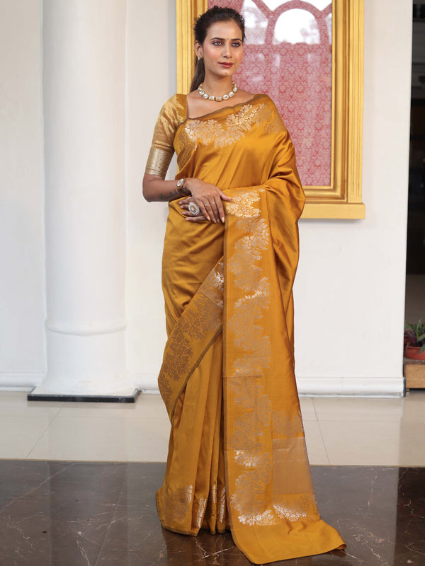 Banarasee Handwoven Semi Silk Saree With Zari Border-Mustard Yellow