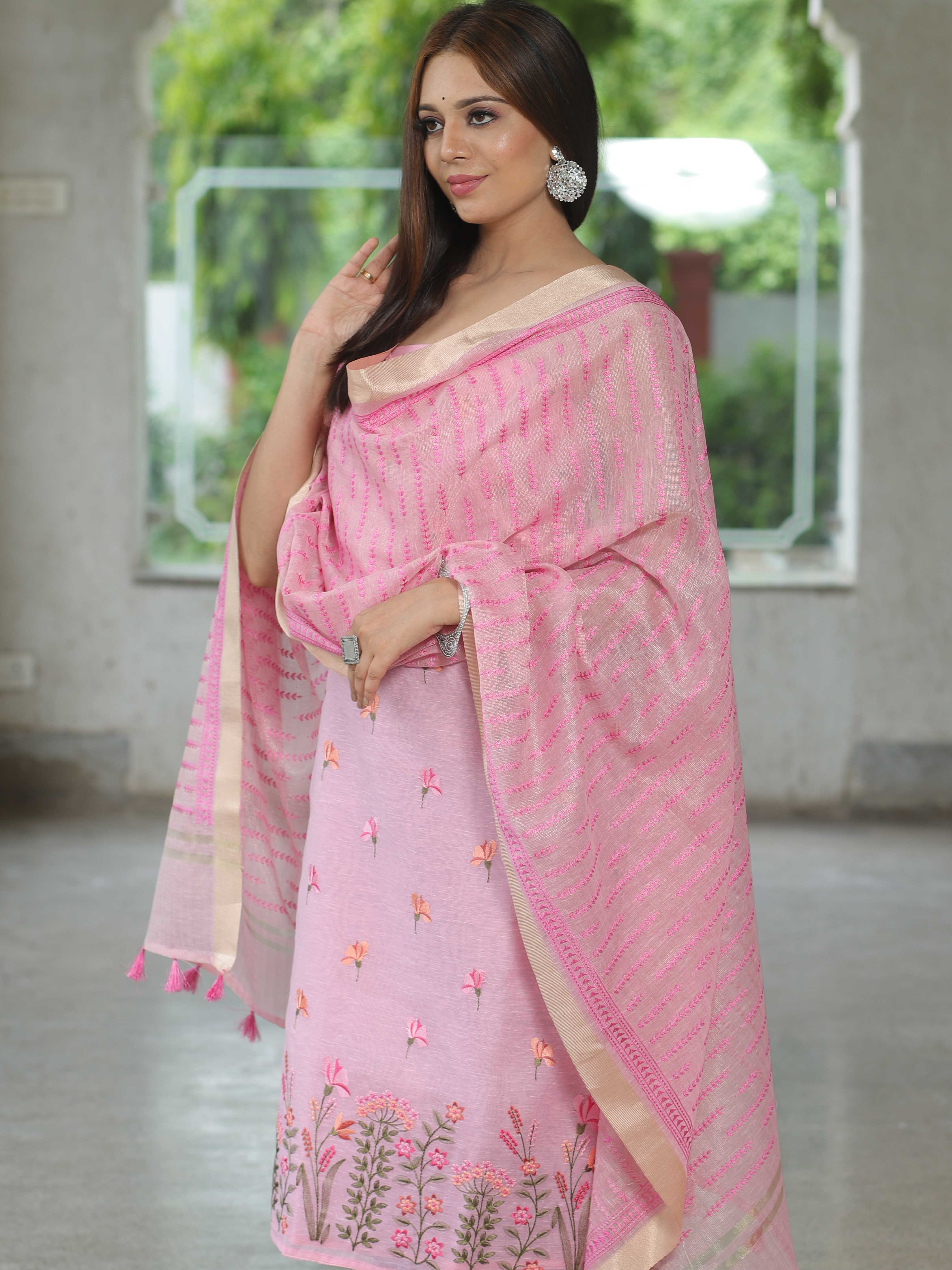 Banarasee Embroidered Linen Cotton Salwar Kameez With Dupatta-Pink