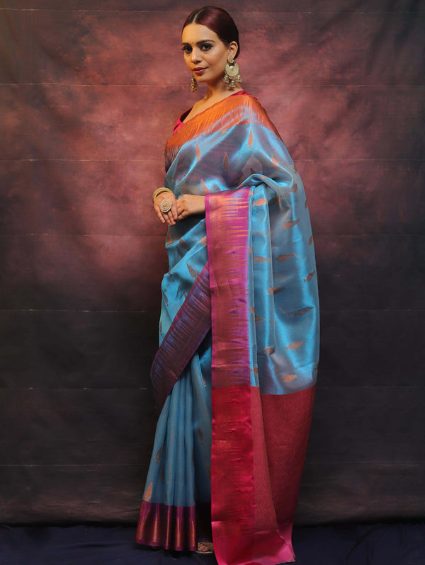 Banarasee Handwoven Broad Contrast Border Tissue Saree-Blue