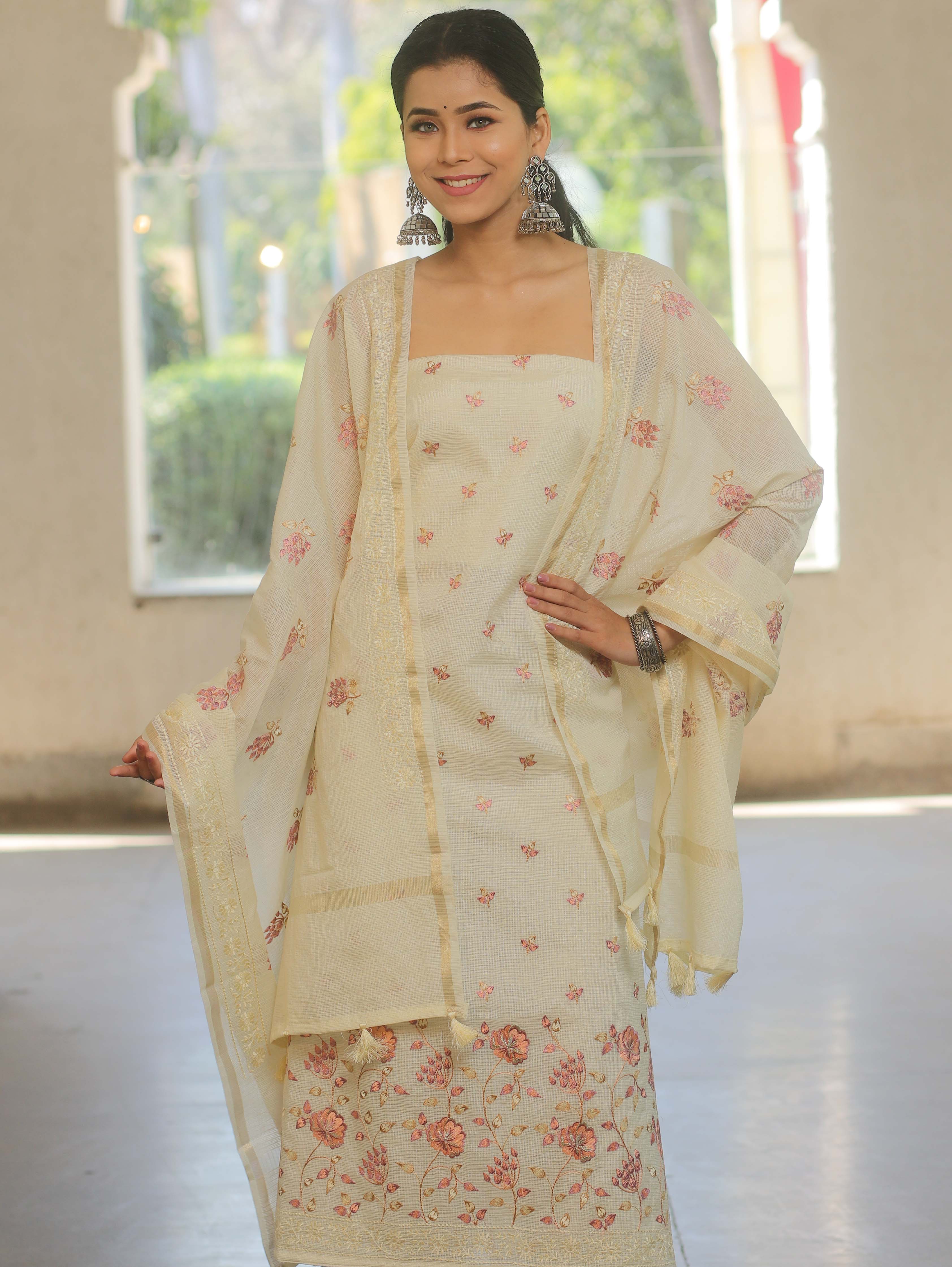 Banarasee Cotton Kota Embroidery Work Salwar Kameez Fabric With Dupatta-Yellow