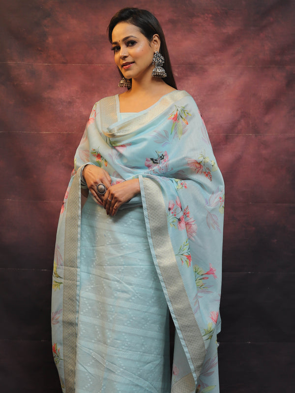 Banarasee Chanderi Cotton Resham Buti Salwar Kameez Fabric With Digital Print Dupatta-Blue