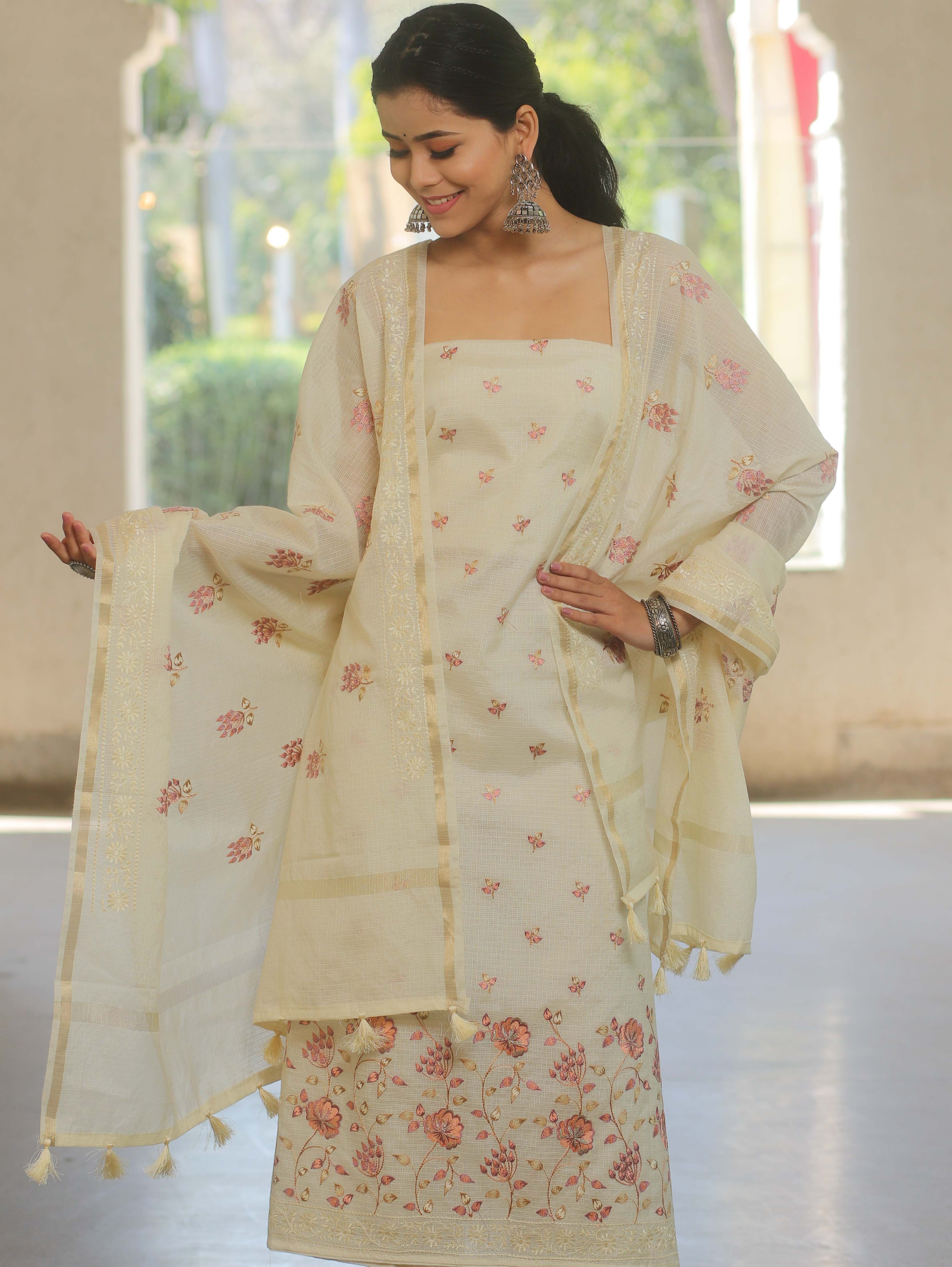 Banarasee Cotton Kota Embroidery Work Salwar Kameez Fabric With Dupatta-Yellow