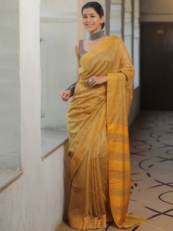 Bhagalpur Cotton Silk Ghichha Work Embroidered Saree-Yellow