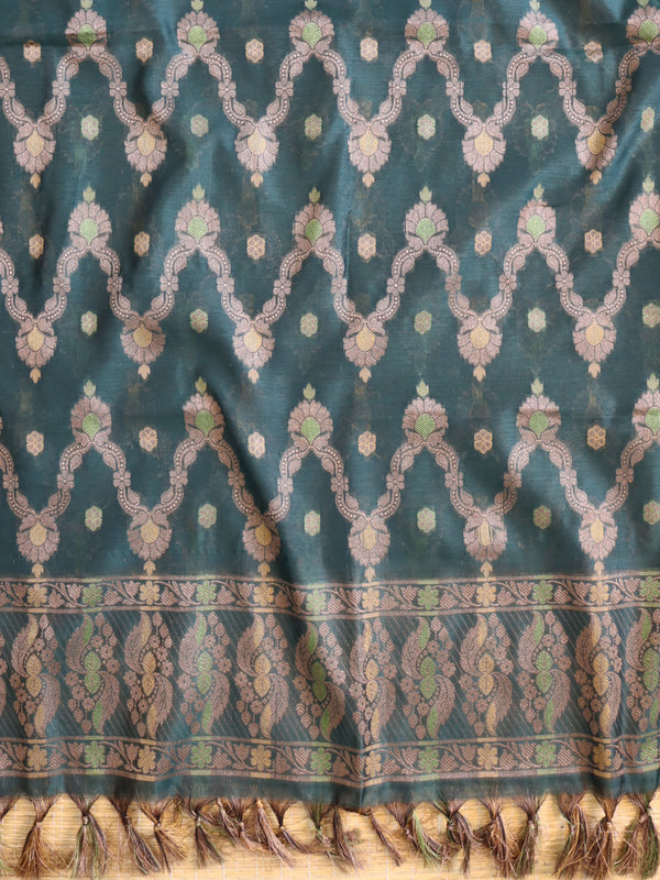 Banarasee Resham Zari Cotton Salwar Kameez Fabric With Dupatta Set-Green