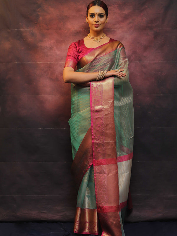 Banarasee Contrast Border Big Buta Tissue Saree-Green & Pink