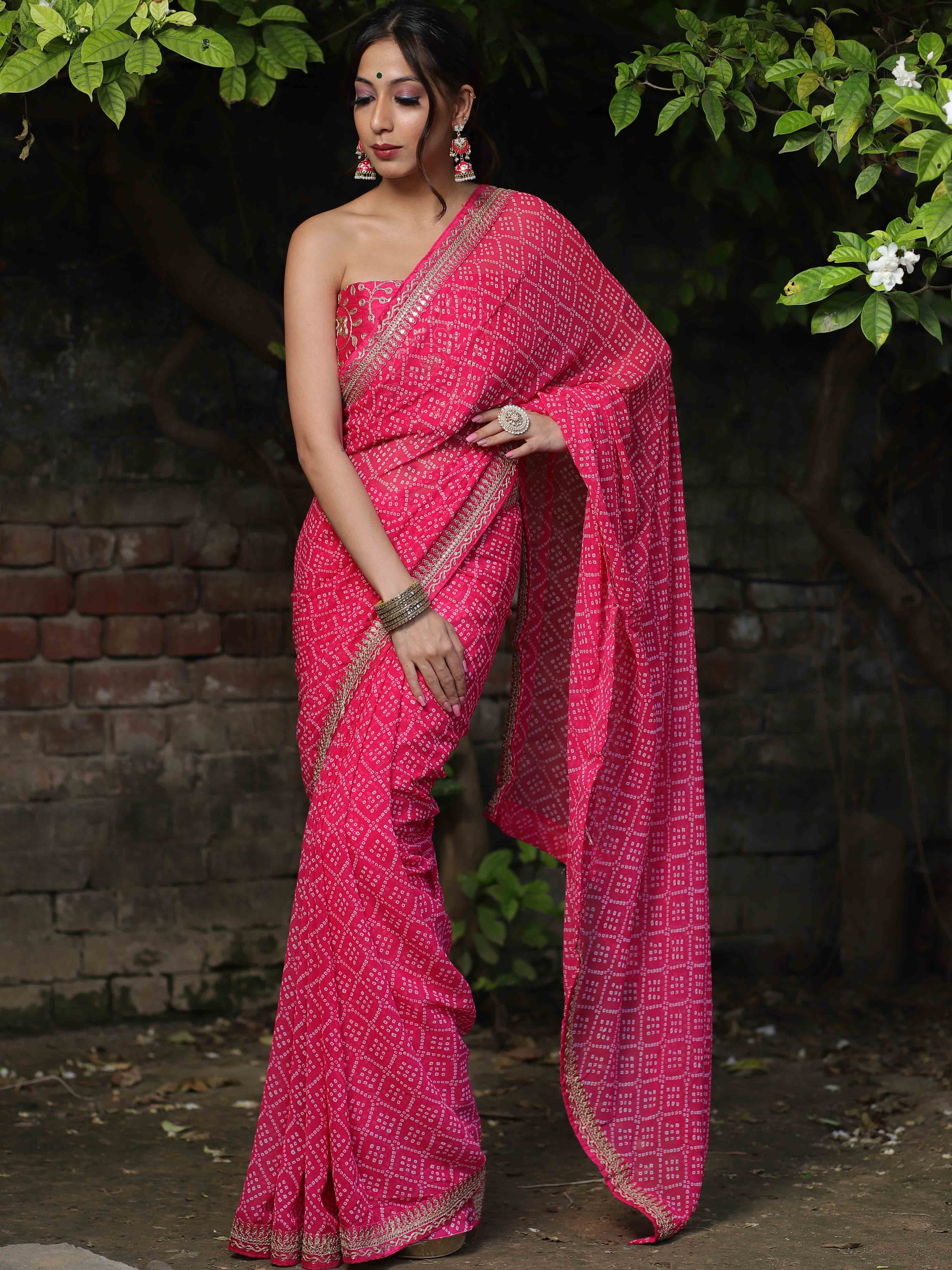 Banarasee Georgette Embroidered Chunari Print Saree-Pink