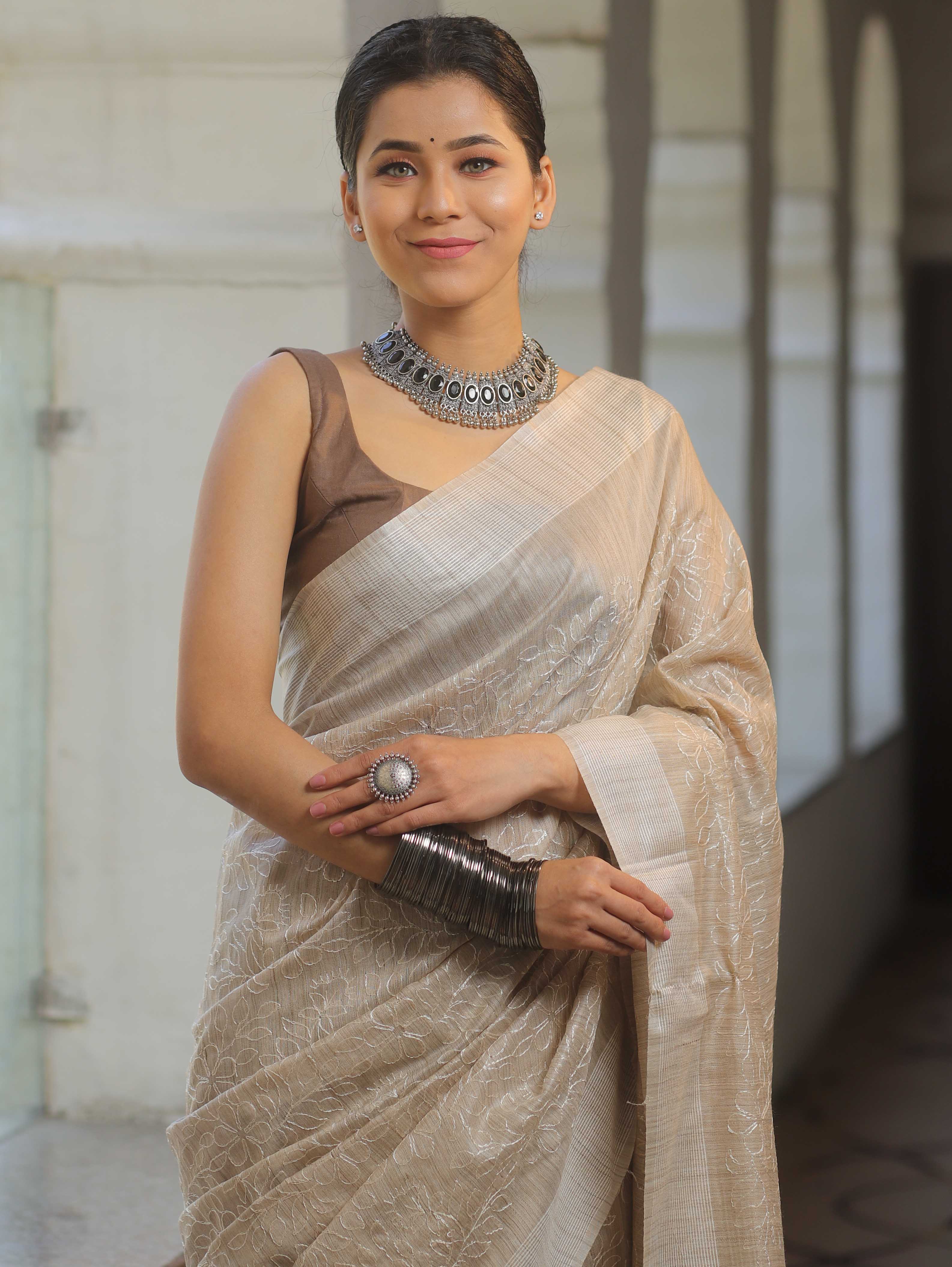 Bhagalpur Cotton Silk Ghichha Work Embroidered Saree-Beige