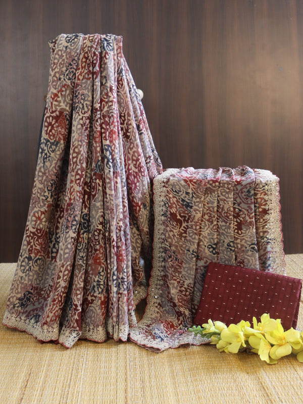 Banarasee Chiffon Printed Saree & Hand Work With Scallop Border-Grey