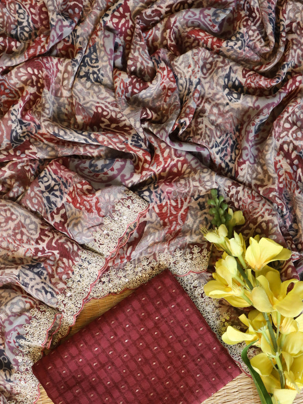 Banarasee Chiffon Printed Saree & Hand Work With Scallop Border-Grey