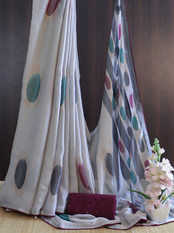Banarasee Chiffon Saree With Swarovski Work & Contrast Blouse-Grey