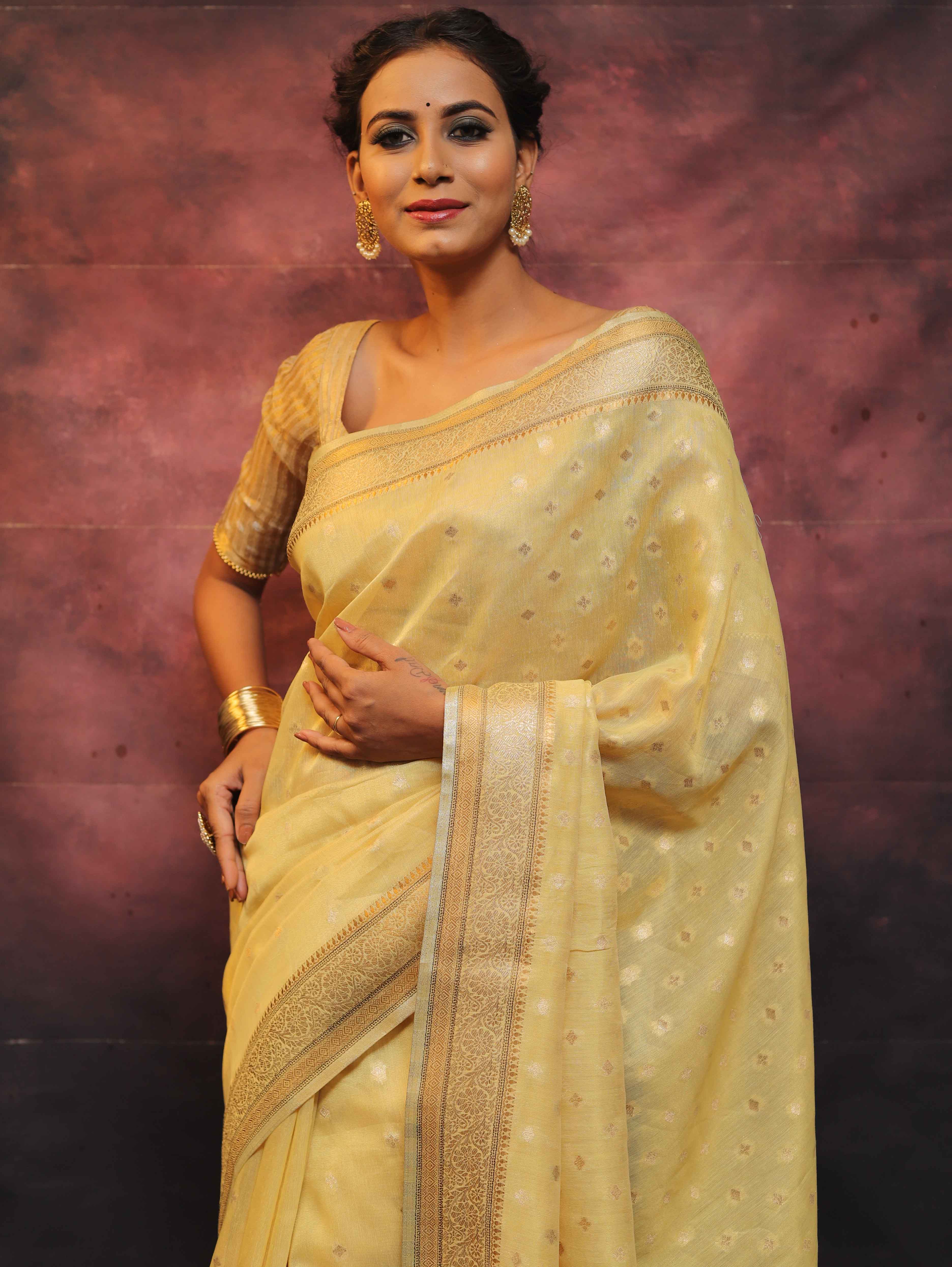 Banarasee Handwoven Zari Border Soft Tissue Saree-Yellow