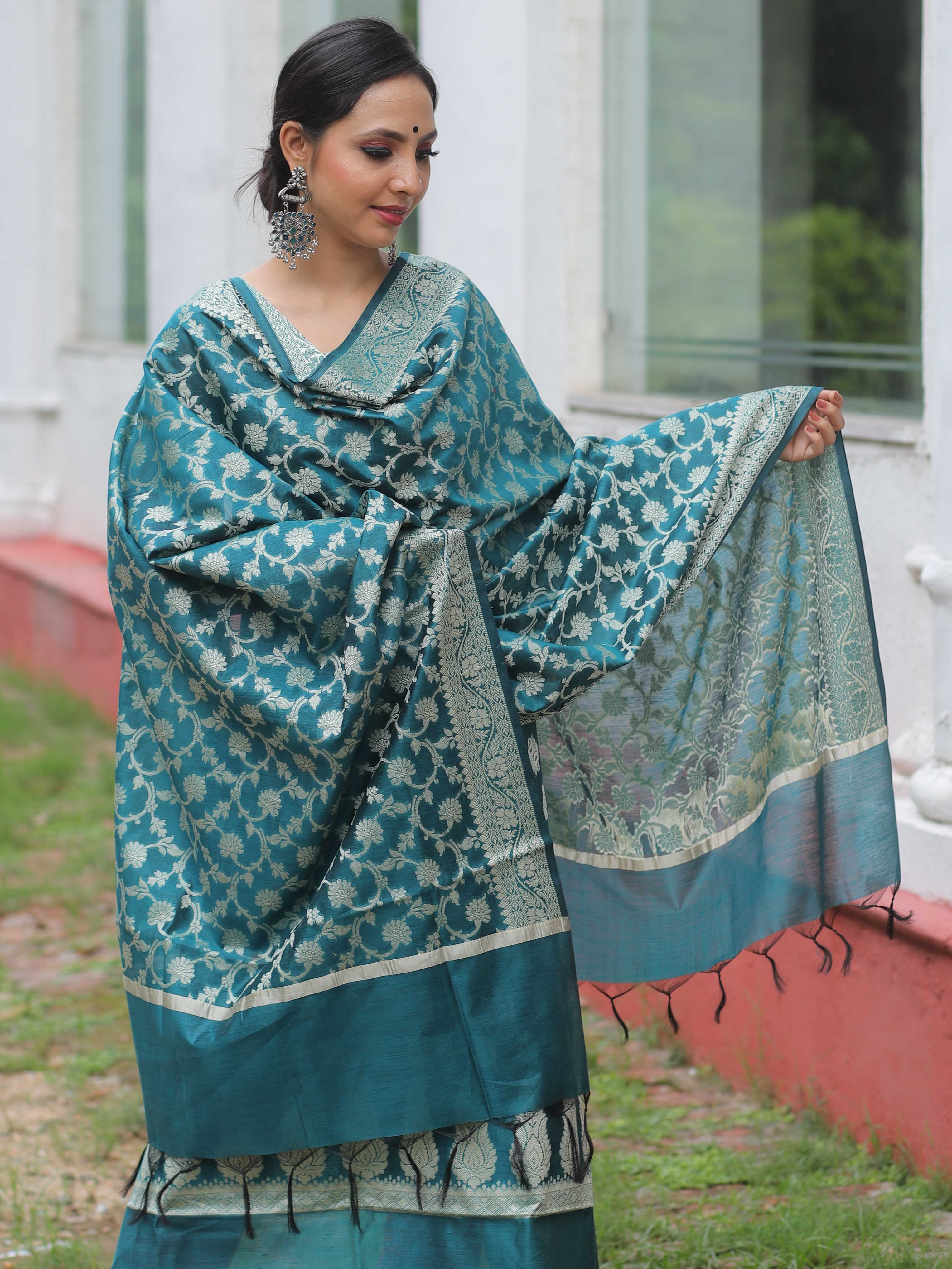 Banarasee Salwar Kameez Cotton Silk Resham Buti Woven Fabric-Green