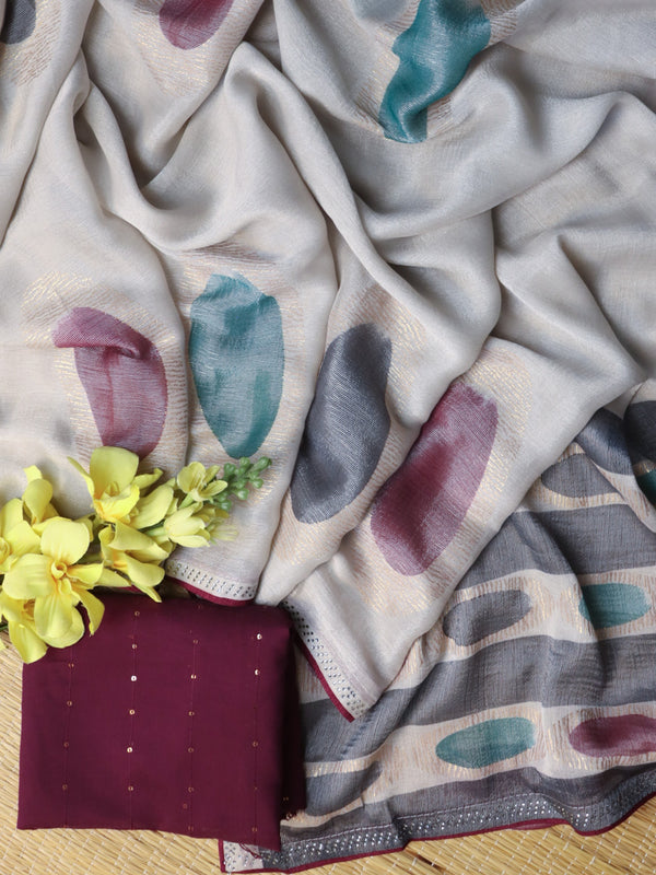 Banarasee Chiffon Saree With Swarovski Work & Contrast Blouse-Grey