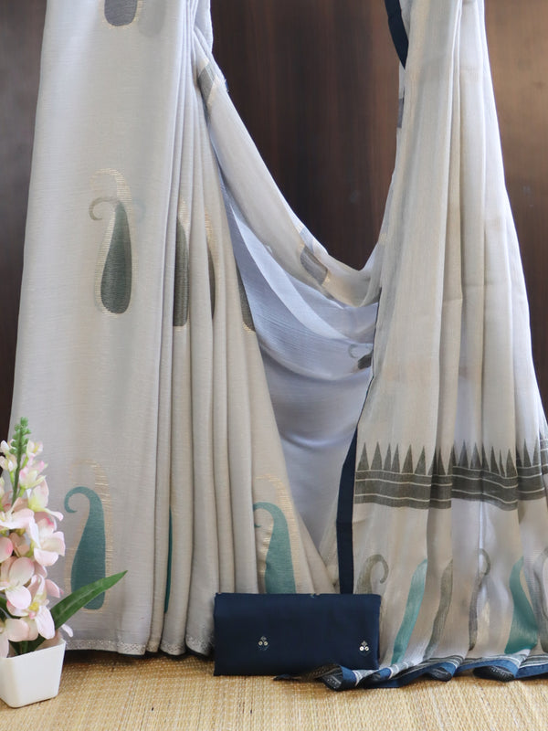 Banarasee Chiffon Saree With Swarovski Work & Contrast Blouse-Grey