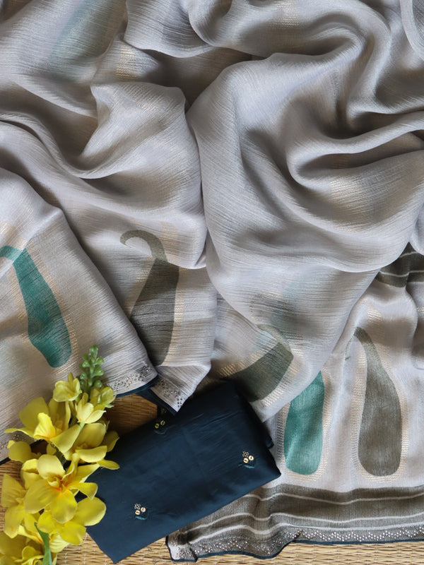 Banarasee Chiffon Saree With Swarovski Work & Contrast Blouse-Grey