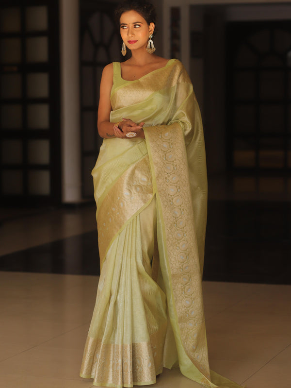 Banarasee Handwoven Broad Zari Border Tissue Saree-Green