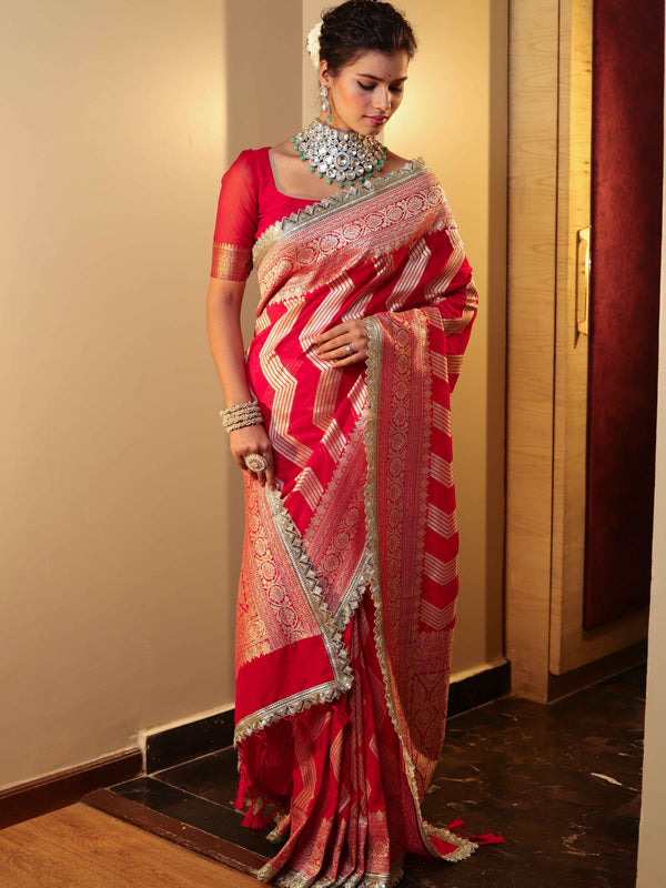 Banarasee Chiffon Saree With Zigzag Pattern Zari Border & Lace-Red