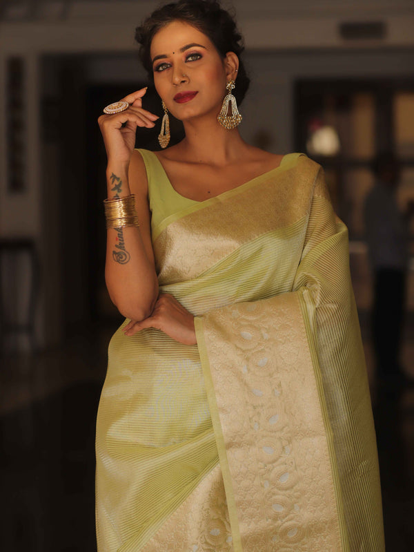 Banarasee Handwoven Broad Zari Border Tissue Saree-Green