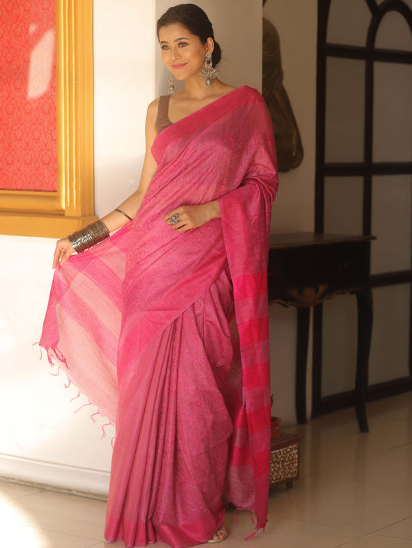 Bhagalpur Cotton Silk Ghichha Work Embroidered Saree-Pink