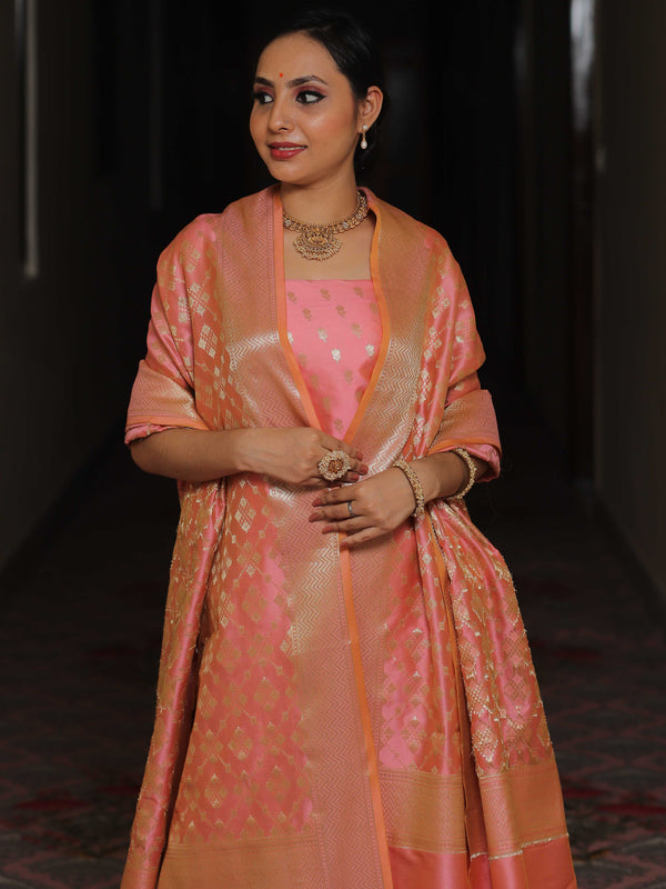 Banarasee Salwar Kameez Semi Katan Silk Fabric With Zari Work-Pink