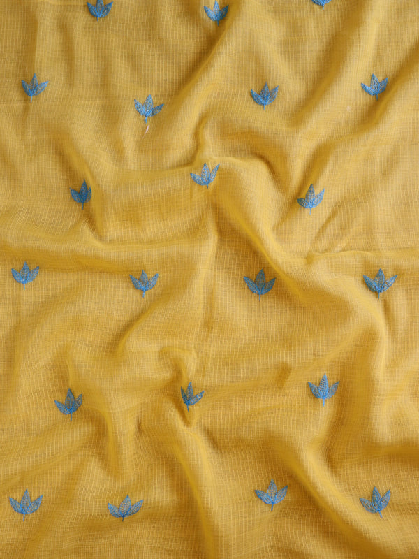 Banarasee Kota Doria Hand-Embroidered Salwar Kameez With Contrast Dupatta Set-Yellow & Blue
