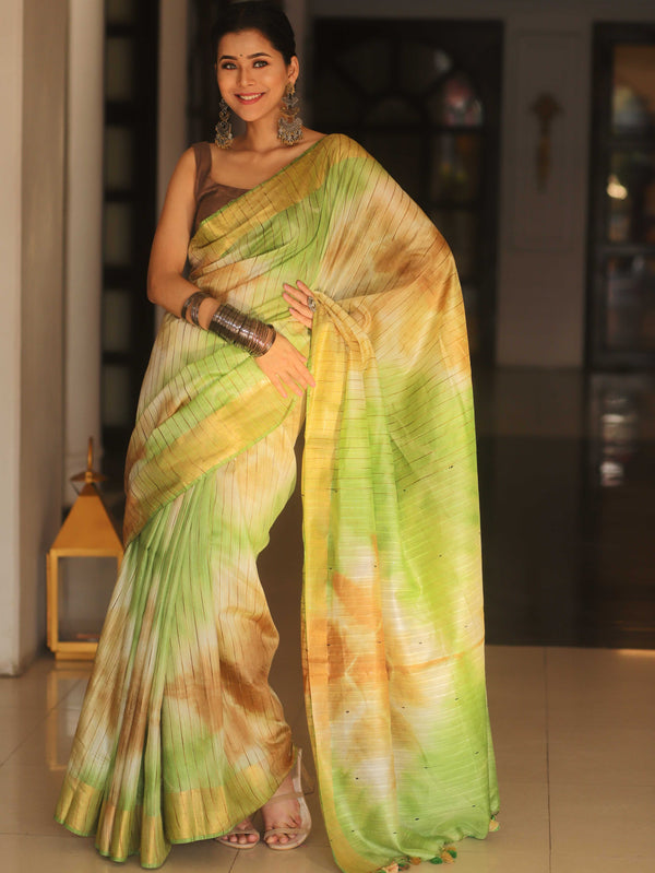 Bhagalpur Cotton Silk Ghichha Work Hand-Dyed Shibori Pattern Saree-Multicolor