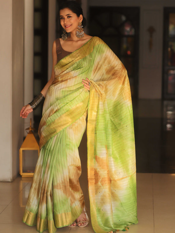 Bhagalpur Cotton Silk Ghichha Work Hand-Dyed Shibori Pattern Saree-Multicolor