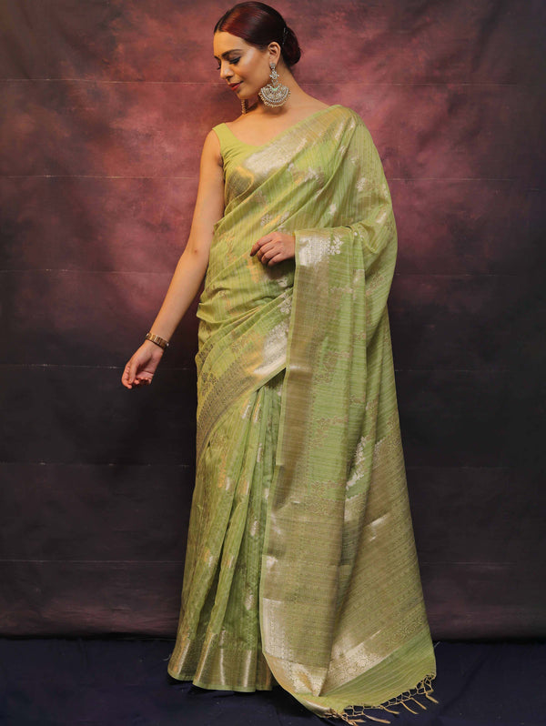 Banarasee Handloom Linen Silk Mix Zari Work Saree-Green