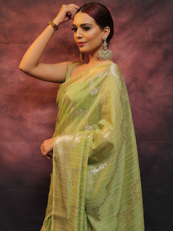 Banarasee Handloom Linen Silk Mix Zari Work Saree-Green