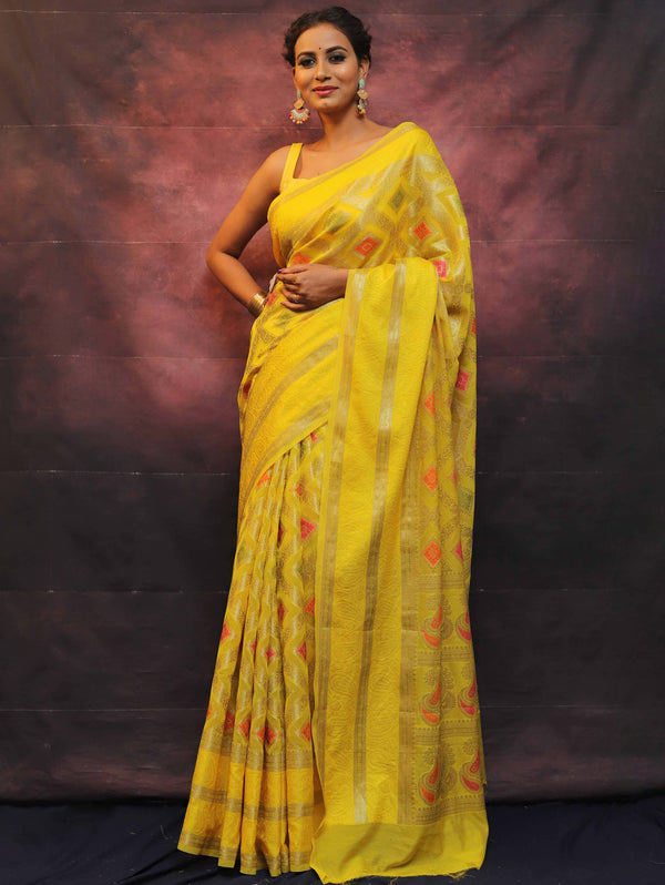 Banarasee Faux Georgette Saree With Gold Zari & Resham Jaal Work-Yellow