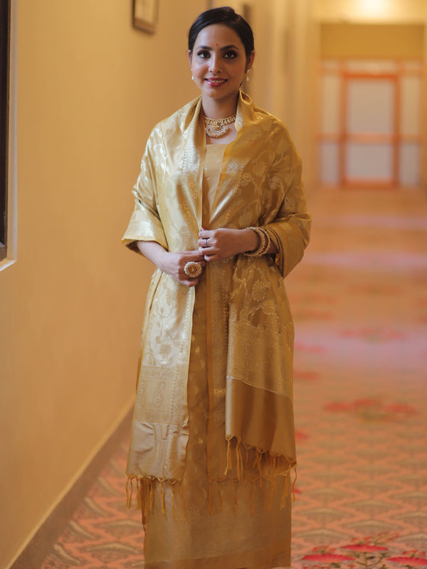 Banarasee Salwar Kameez Semi Katan Silk Fabric With Zari Work-Gold