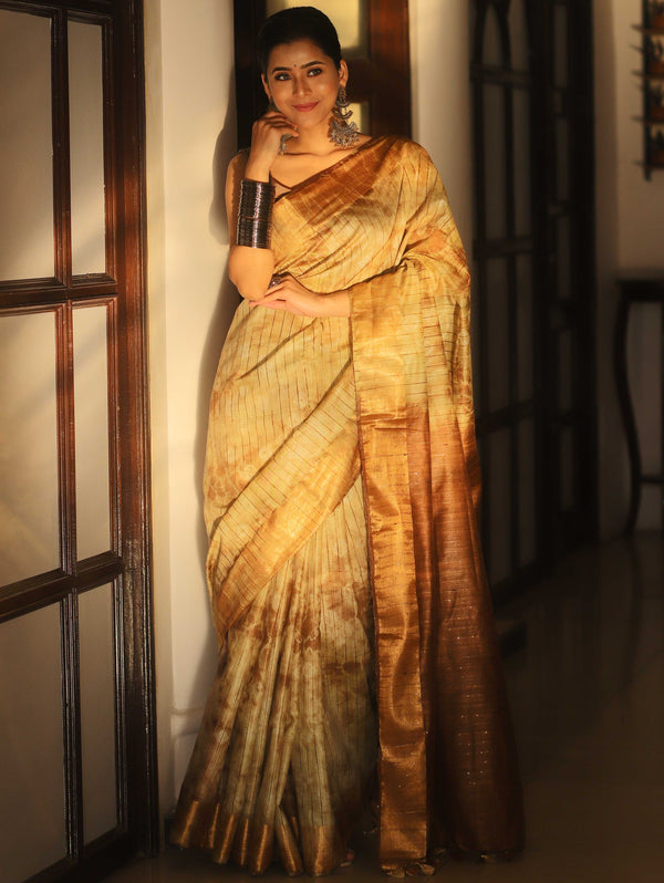 Bhagalpur Cotton Silk Ghichha Work Hand-Dyed Shibori Pattern Saree-Beige & Brown
