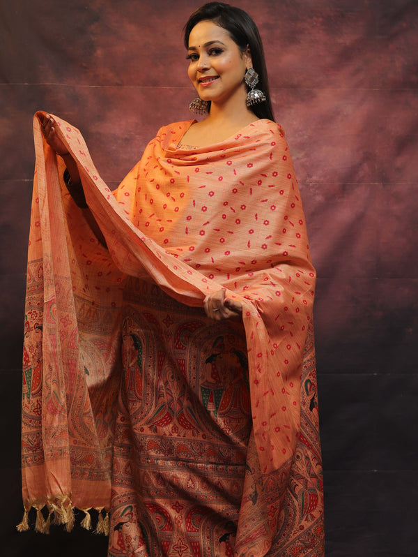 Pure Handloom Khadi Cotton Madhubani Print Salwar Kameez Dupatta Set-Peach